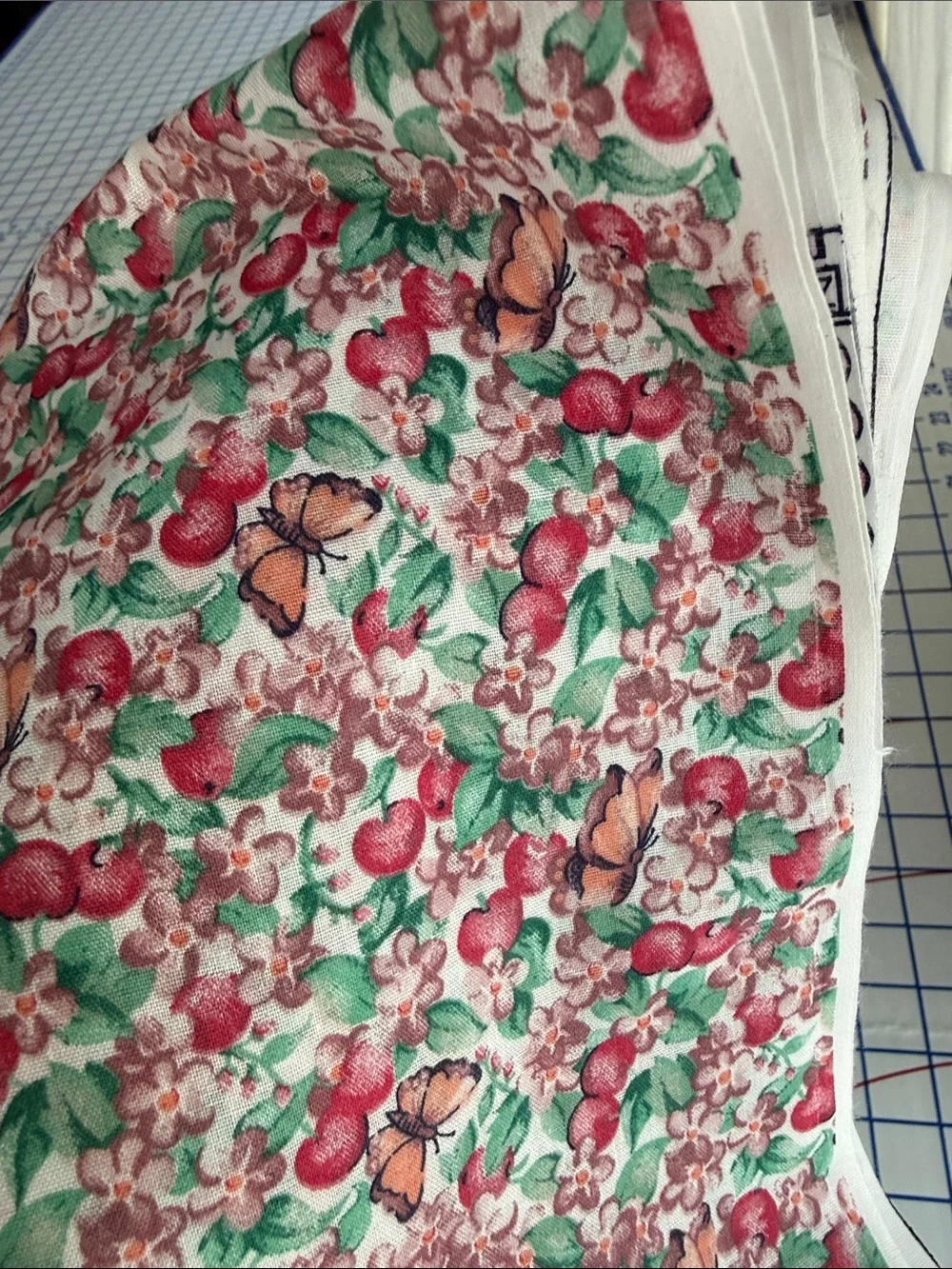 Vintage 1990s Cotton Blend Fabric 2 Yards x 44 Apple Floral Butterfly Print